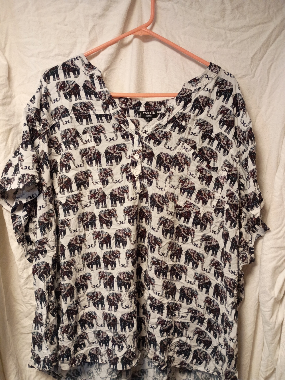 torrid White Button-Front Top with Navy Elephant Print